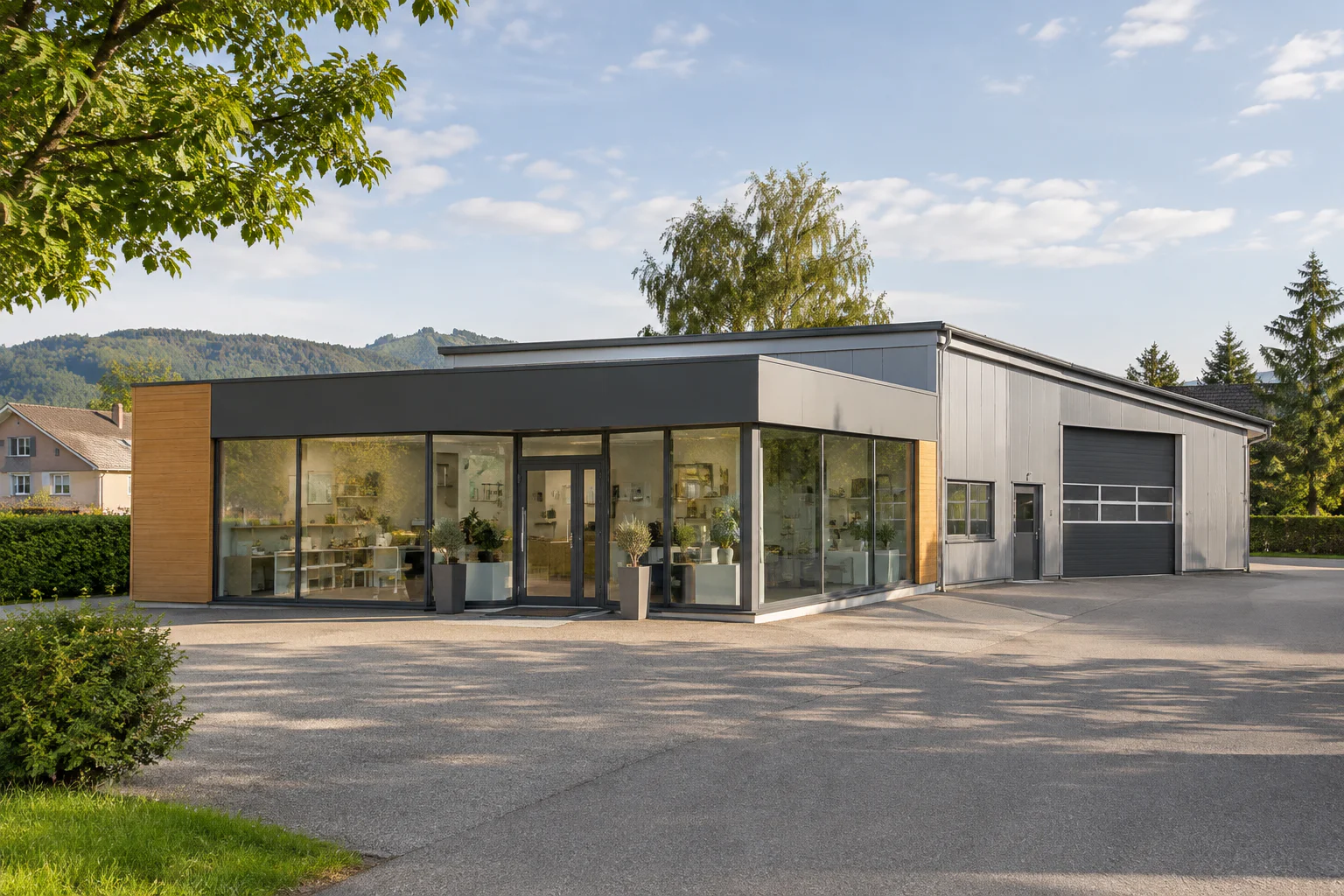 Genutztes Gewerbegebäude mit Geschäftsfläche und Werkstatt