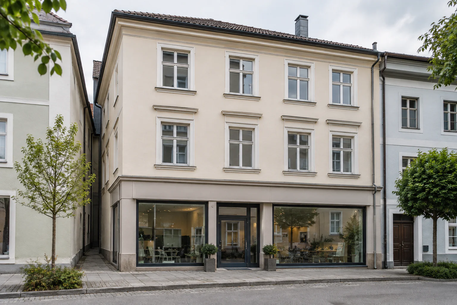 Städtisches Gebäude mit ebenerdiger Geschäftsfläche und Büros darüber